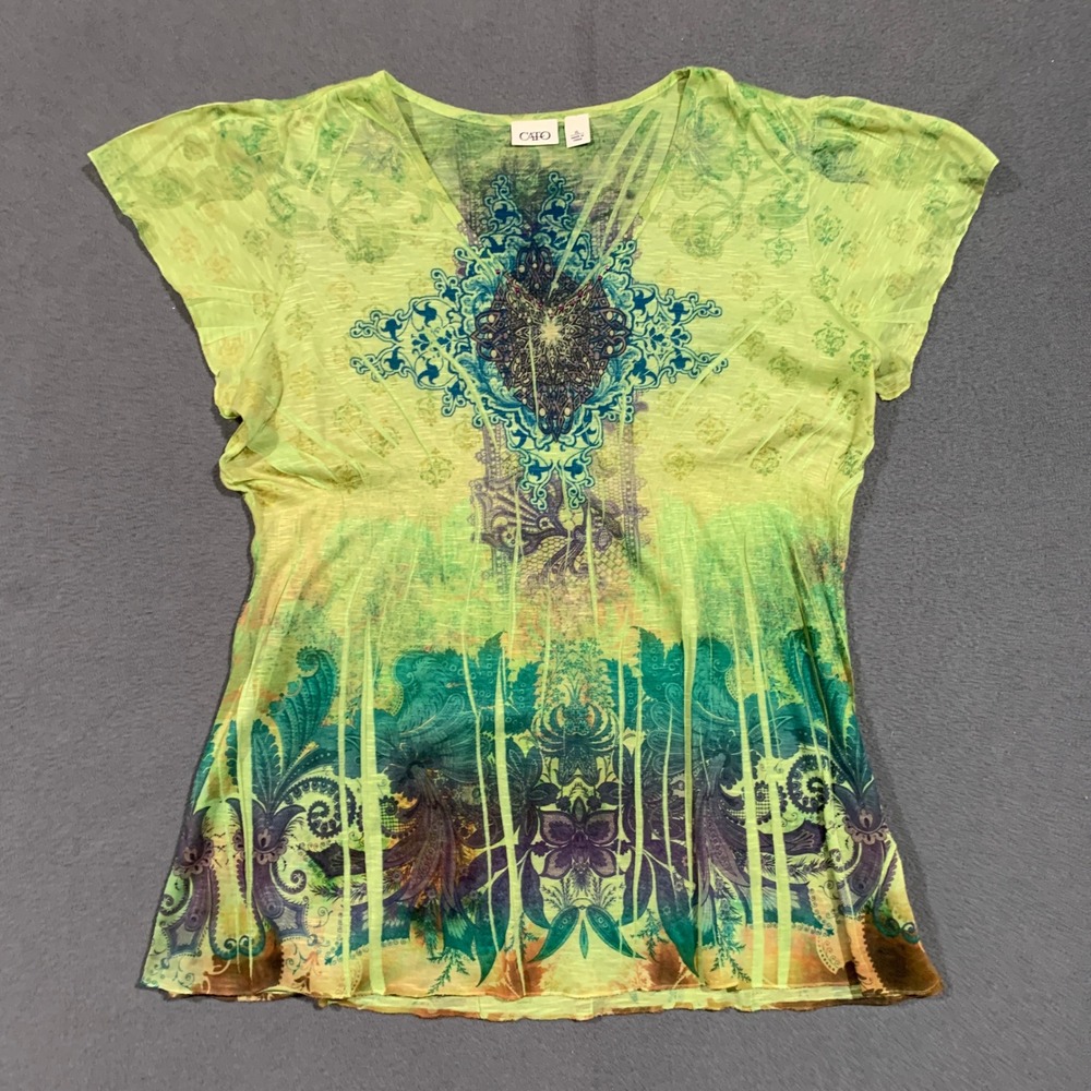 Chartreuse GreenXL Top Green Floral Burnout V-Neck Short‎ Sleeve Womens Blouse